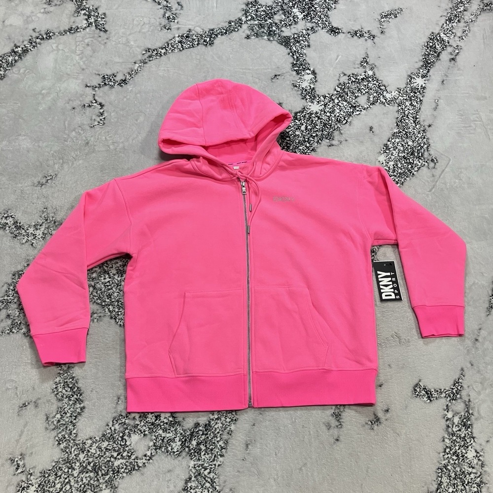 DKNY Sport Neon Pink Zip Hoodie Sweatshirt Womens Size Large Fleece NWT